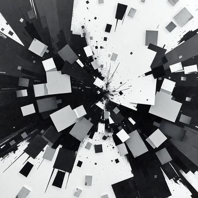 The primary subject of the image is a black and white artwork featuring a large number of small squares. The setting is a white background, and the visual style appears to be a combination of digital art and illustration. The dominant colors are black and white, creating a stark and minimalist atmosphere. The artwork is reminiscent of a modernist painting, with the small squares creating a sense of depth and complexity.